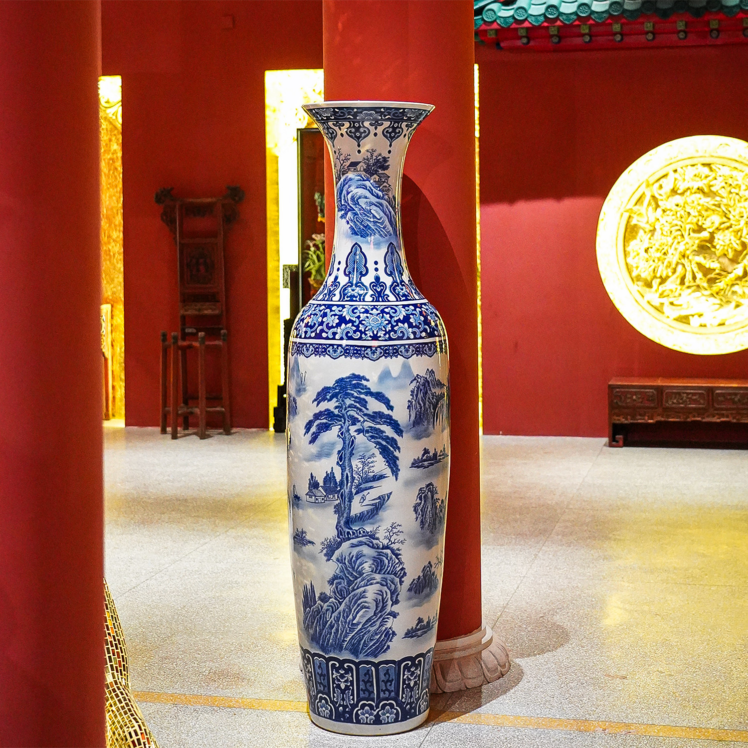 【本尼家】中式陶瓷手绘青花《锦绣河山》落地花瓶客厅装饰摆件,家居饰品,落地摆件,淘宝优惠券,粉丝福利购,淘宝优惠卷