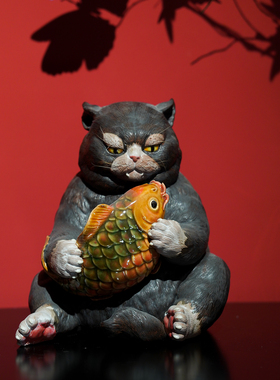 【本尼家】AM52非遗手工石湾陶富贵有余猫陶瓷桌面装饰创意摆件