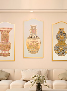 【本尼家】法式中国风复古花瓶造型贴金箔雕刻彩绘彩漆木板画