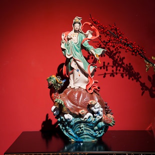 【本尼家】AM57非遗手工石湾陶瓷乘龟观音中式禅意装饰玄关摆件