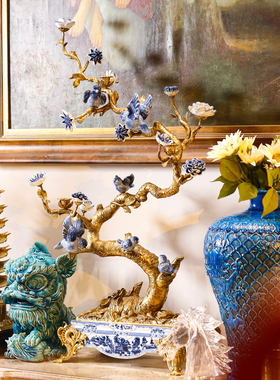 本尼家】HX34欧式瓷镶铜青花大烛台复古工艺家居玄关摆件