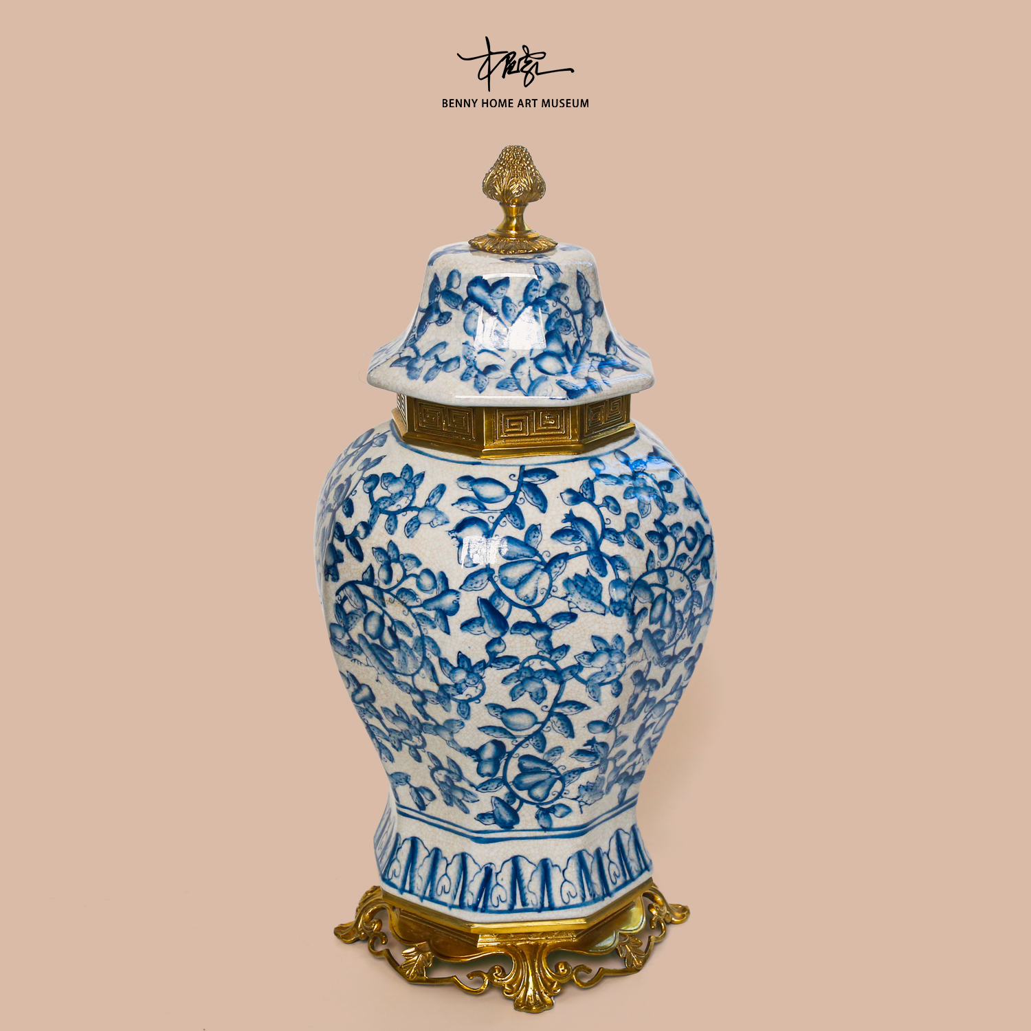 【本尼家】GY186欧式古典瓷镶铜青花将军罐46cm高落地装饰摆件