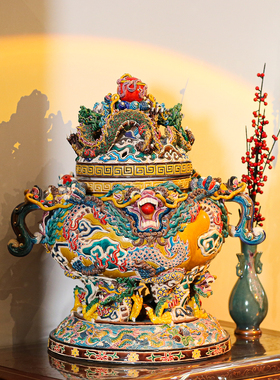 【本尼家】特大号-非遗手工彩釉交趾陶九龙香炉家居装饰玄关摆件