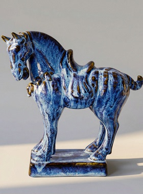 【本尼家】AM103非遗手工石湾陶窑变《钧蓝唐马》玄关装饰摆件