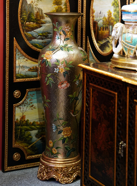 【本尼家】YS66仿古布裂银箔底绘花鸟树图案小号漆瓷落地花瓶摆件