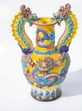 【本尼家】非遗手工彩釉交趾陶大九龙瓶中式陶瓷家居装饰玄关摆件