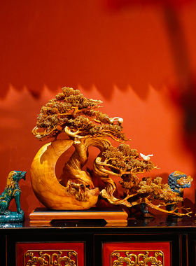 【本尼家】中式纯手工阿里山神木雕刻《松鹤延年》艺术品玄关摆件