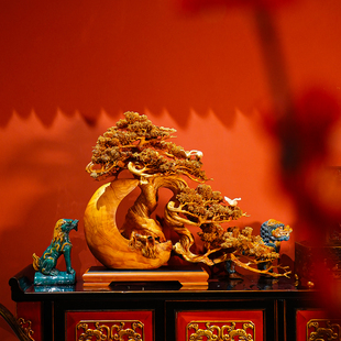 松鹤延年 纯手工阿里山神木雕刻 中式 艺术品玄关摆件 本尼家