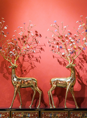 【本尼家】HY182大型铜鹿水晶花朵装饰客厅大厅创意落地艺术摆件