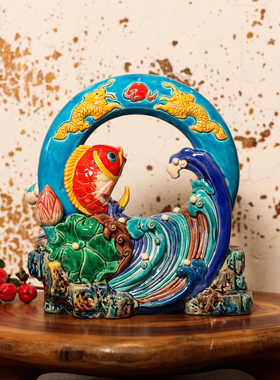 【本尼家】J39非遗手工彩釉交趾陶《鲤鱼跃龙门》装饰玄关摆件