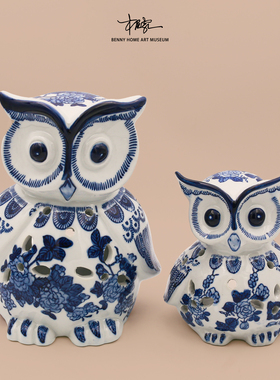 【本尼家】中式青花瓷陶瓷猫头鹰蜡烛台艺术装饰桌面玄关摆件