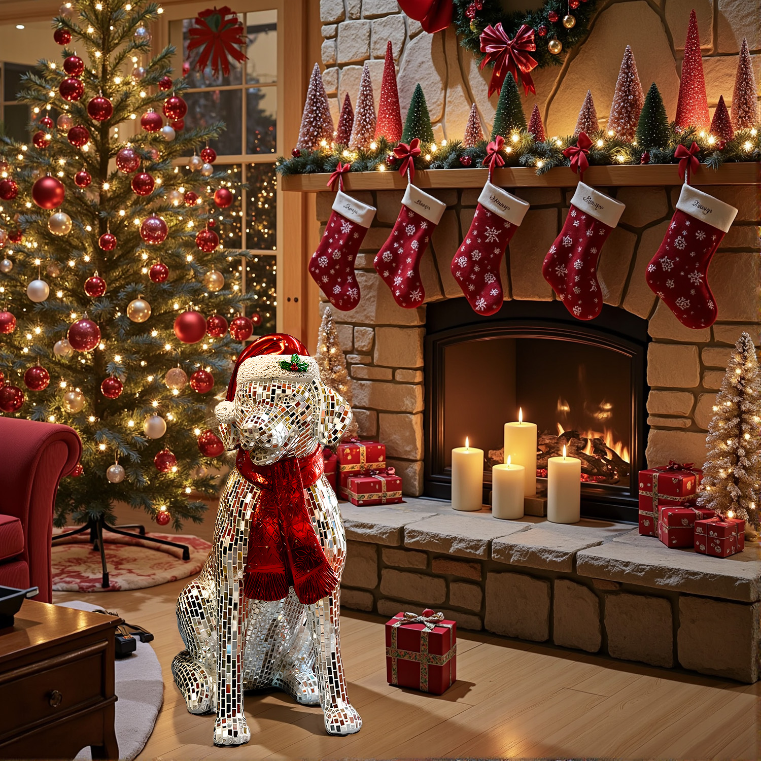 【本尼家】现代艺术装饰摆件玻璃钢镜片镶嵌红围脖圣诞狗创意雕塑