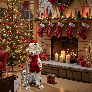 饰摆件玻璃钢镜片镶嵌红围脖圣诞狗创意雕塑 现代艺术装 本尼家