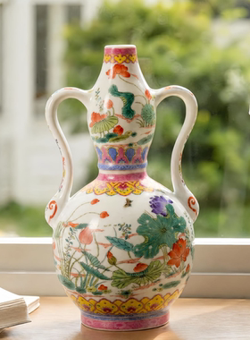 【本尼家】K44新中式非遗手作粉彩双耳葫芦花瓶客厅装饰玄关摆件