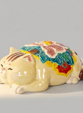 【本尼家】YJ29非遗手工彩釉交趾陶《富贵如意》猫桌面装饰摆件