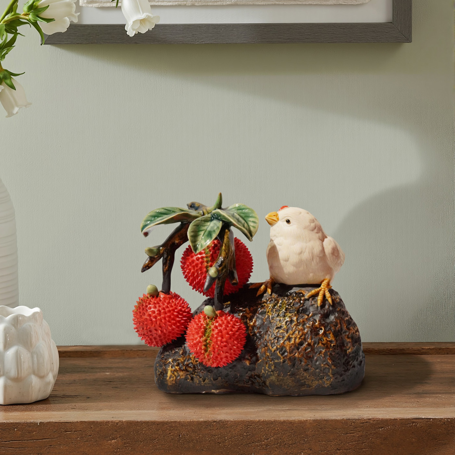 【本尼家】非遗手工石湾陶荔枝小鸡摆件《乐在其中》装饰玄关摆件