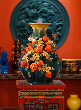 【本尼家】AM10非遗手工石湾陶摆件大号石榴装饰插花瓶玄关摆件