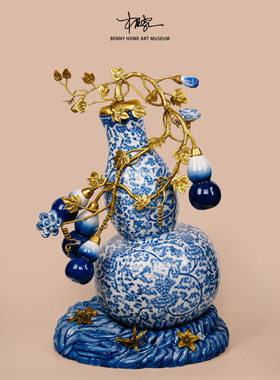【本尼家】HX77中式青花高温瓷镶铜手绘五福大葫芦玄关摆件