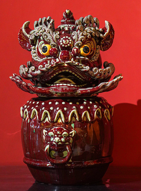 【本尼家】中式红色狮头高温瓷高档鼓上狮艺术装饰玄关摆件