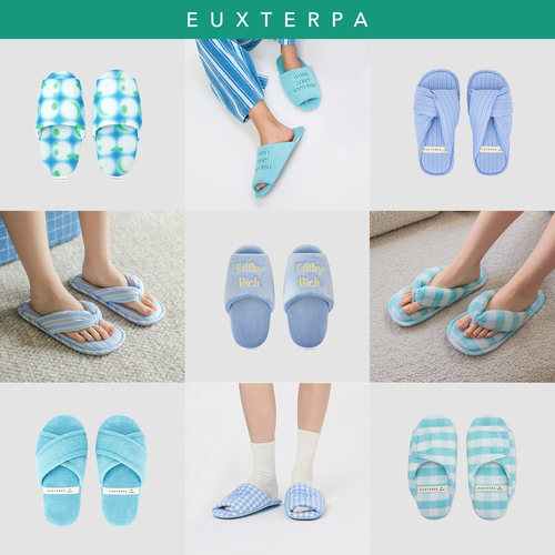 EUXTERPA欧特帕秋季蓝色条纹刺绣防滑防臭透气居家拖鞋可外穿女鞋