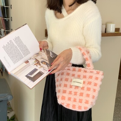 21084 秋冬新品羊羔毛华夫格可爱手提托特包女包便携大容量手拎包