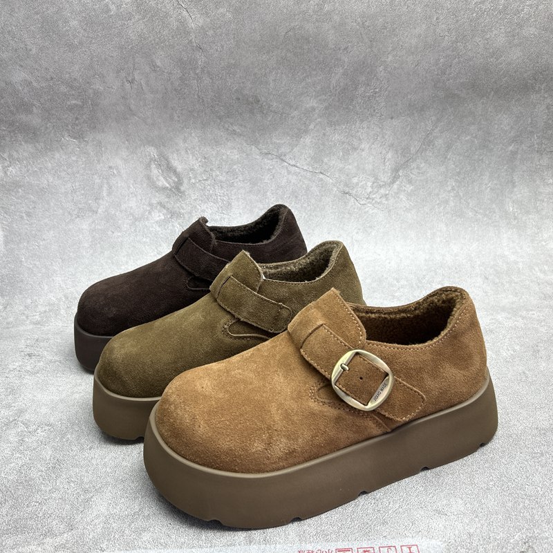 2025断码秋季真皮新款女鞋厚底休闲深口时尚牛皮加绒女棉鞋