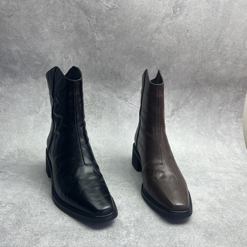 2025断码真皮秋冬新款女鞋粗跟短靴工厂时尚牛皮拉链绒里女靴子