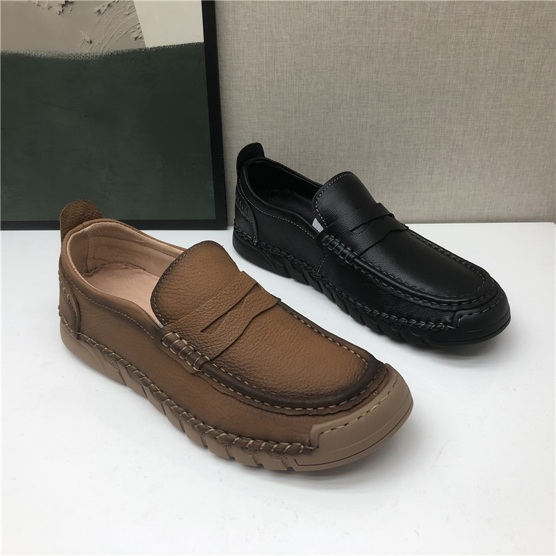 2024春季断码牛皮男鞋平底男单鞋工厂真皮休闲鞋百搭套脚舒适透气