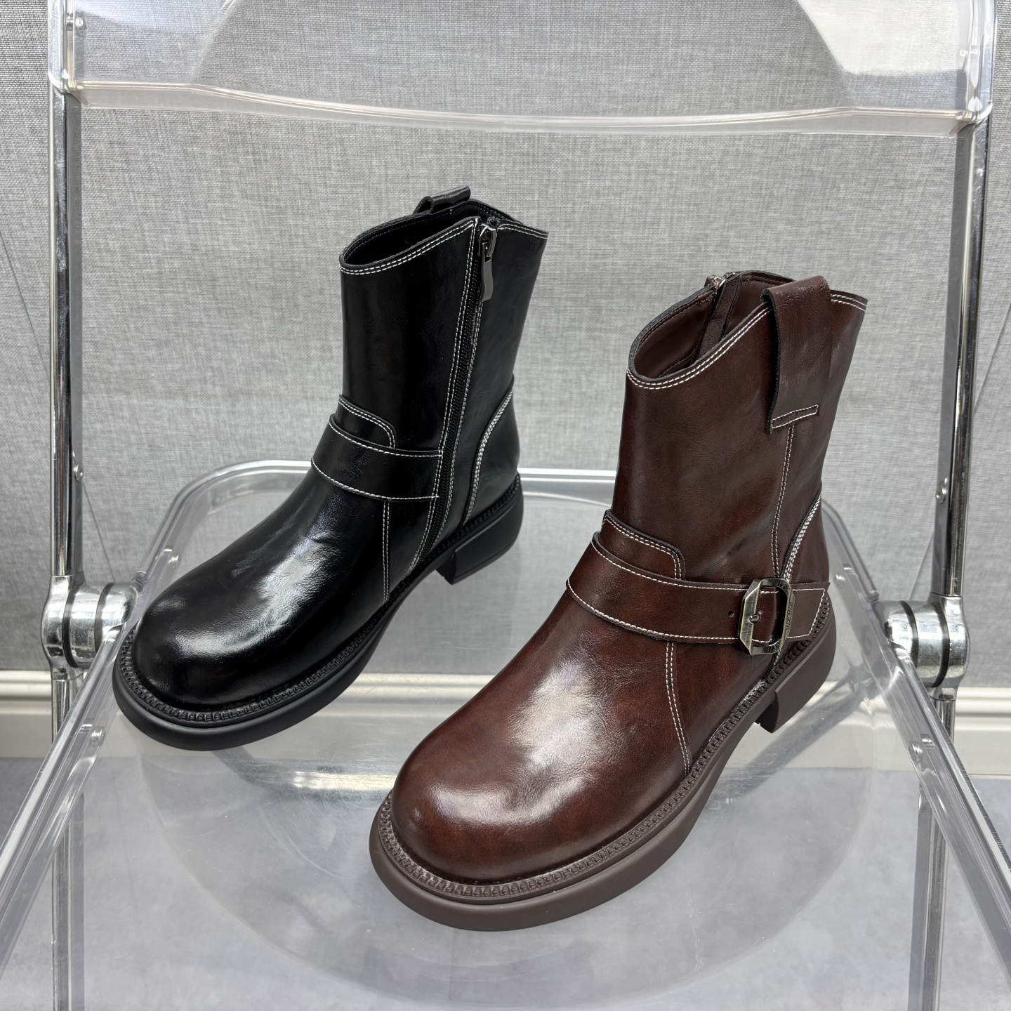 2025断码真皮秋冬新款女鞋粗跟短靴工厂时尚牛皮拉链单靴女靴子