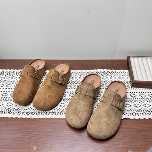 复古镂空套脚休闲女拖鞋 包头增高勃肯鞋 厚底绒面女鞋 2026春夏新款