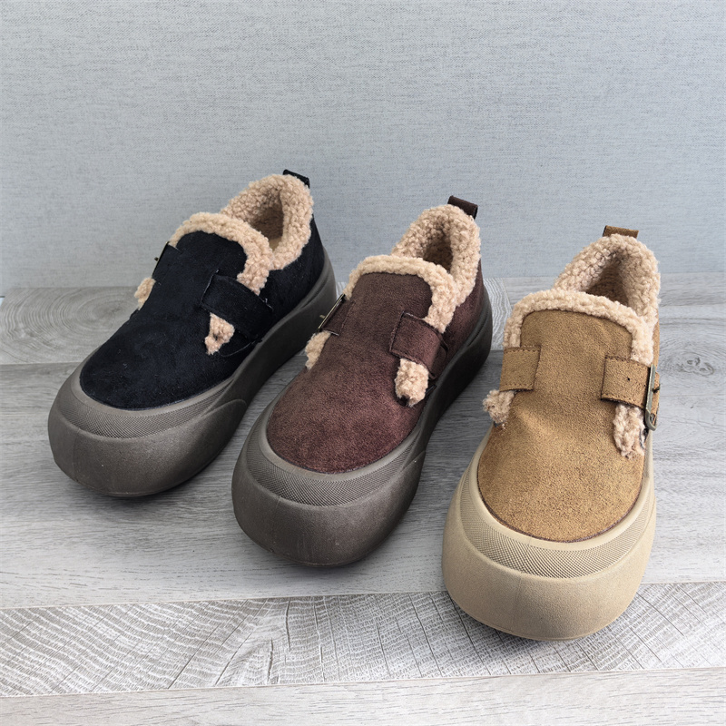 工厂25断码绒面秋季新款女鞋厚底勃肯鞋圆头松糕底套脚加绒女棉鞋