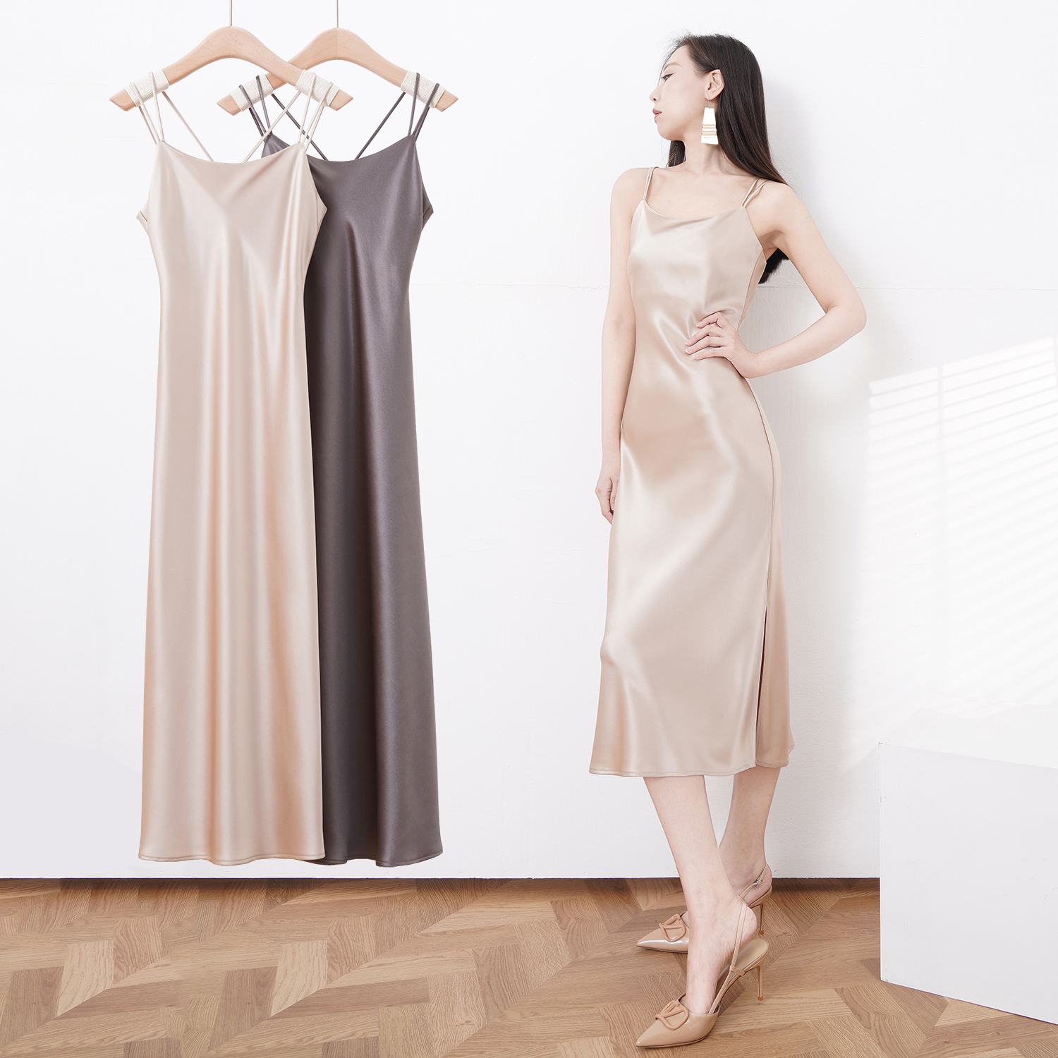 重磅可外穿醋酸高级感缎面吊带裙