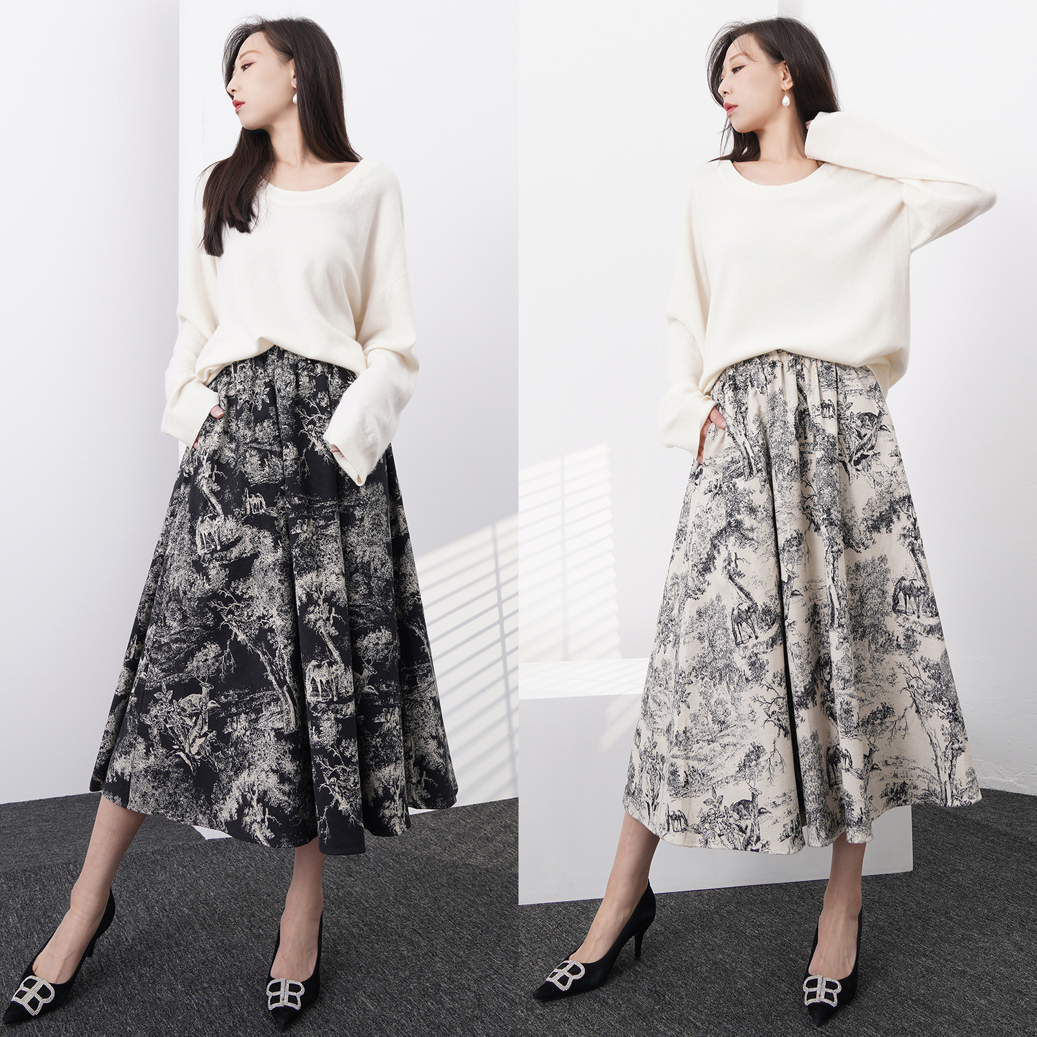 水墨山水双面印花半身裙高级感