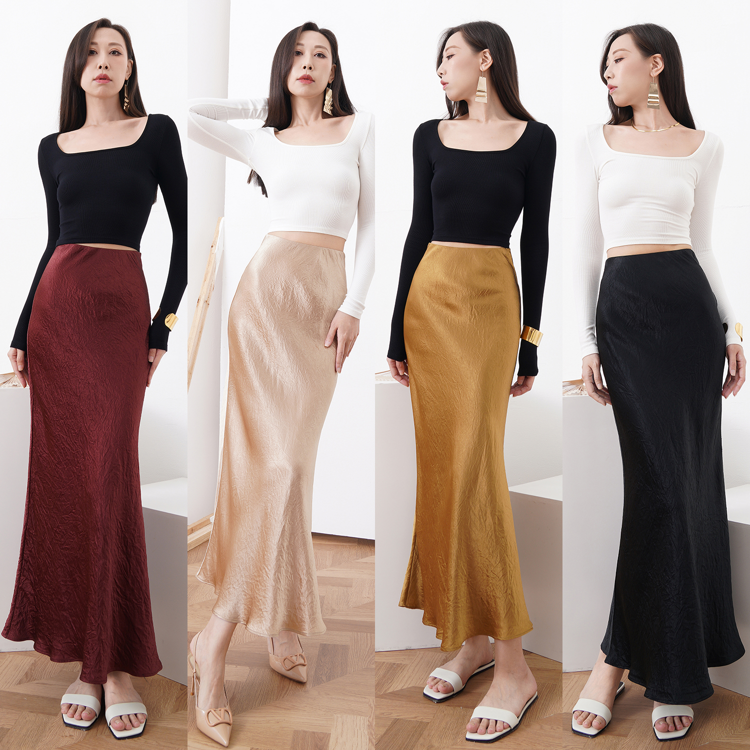 斜裁复古缎面褶皱醋酸鱼尾半身裙