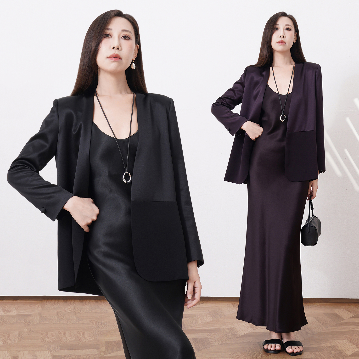 轻奢醋酸缎面拼接宽松显瘦西装