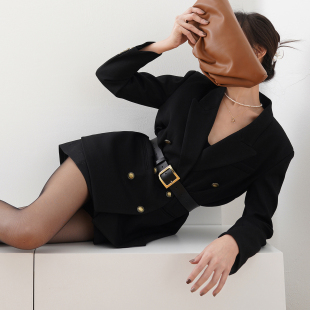 复古质感铜扣双排扣宽松气质通勤休闲精裁西装 2024秋 外套直筒长袖