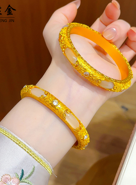 沙金錾刻金玉良缘花丝手镯点钻