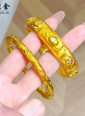 老铺同款沙金传承錾刻牡丹开口手镯女款手环仿真黄金包银假五金
