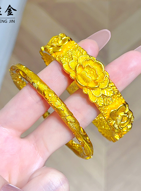 古法沙金仿真金包银錾刻牡丹花宽版开口镯子结婚假五金手镯首饰