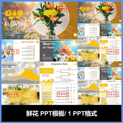 鲜花温馨欧美风春天英文图表图标PPT模板可编辑工作计划总结品牌