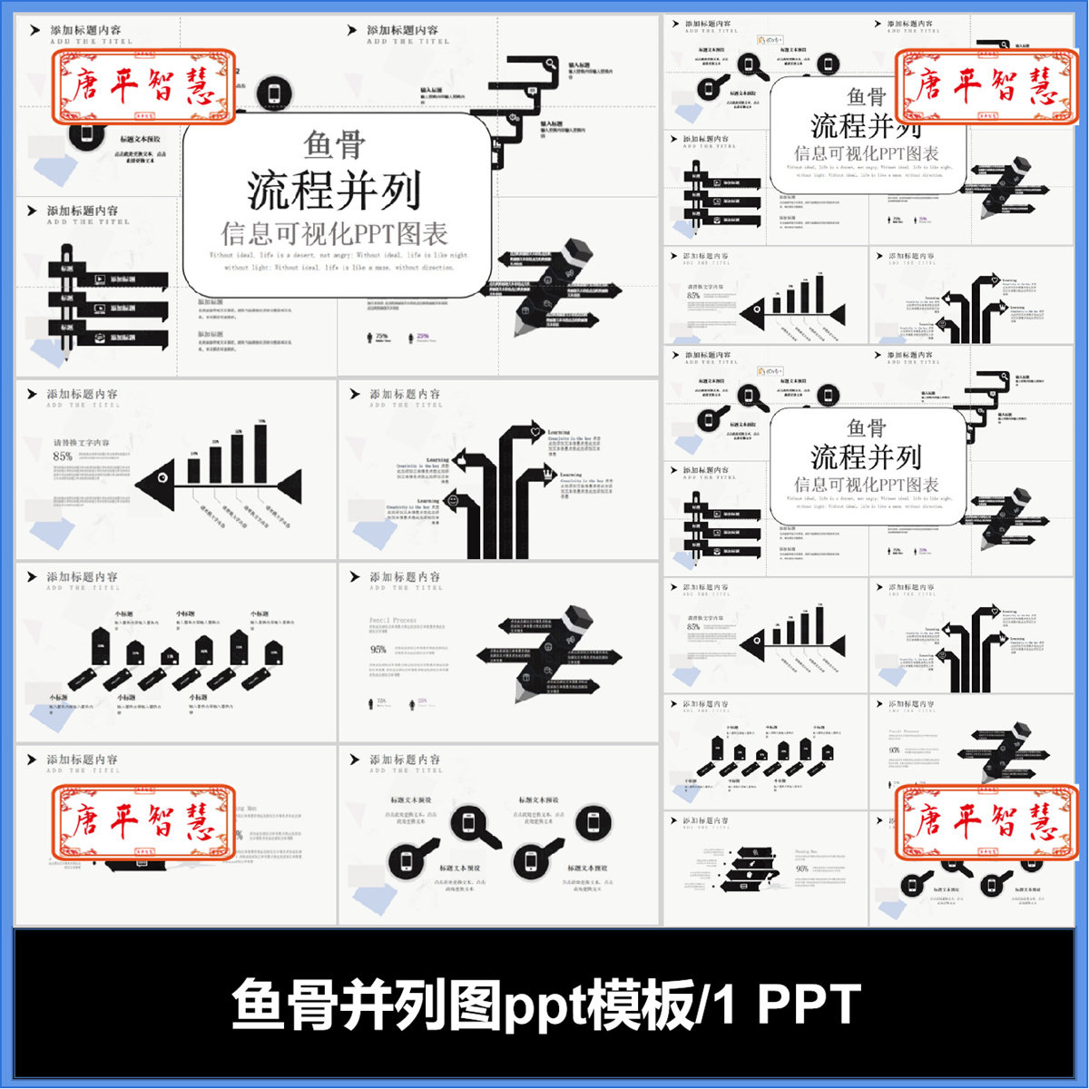 鱼骨图并列图表图标PPT模板可编辑工作计划总结