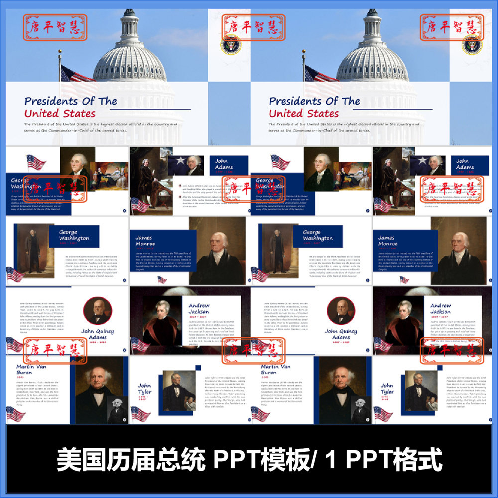 美国历任历届总统简介英文版ppt模板可编辑工作计划总结品牌推广