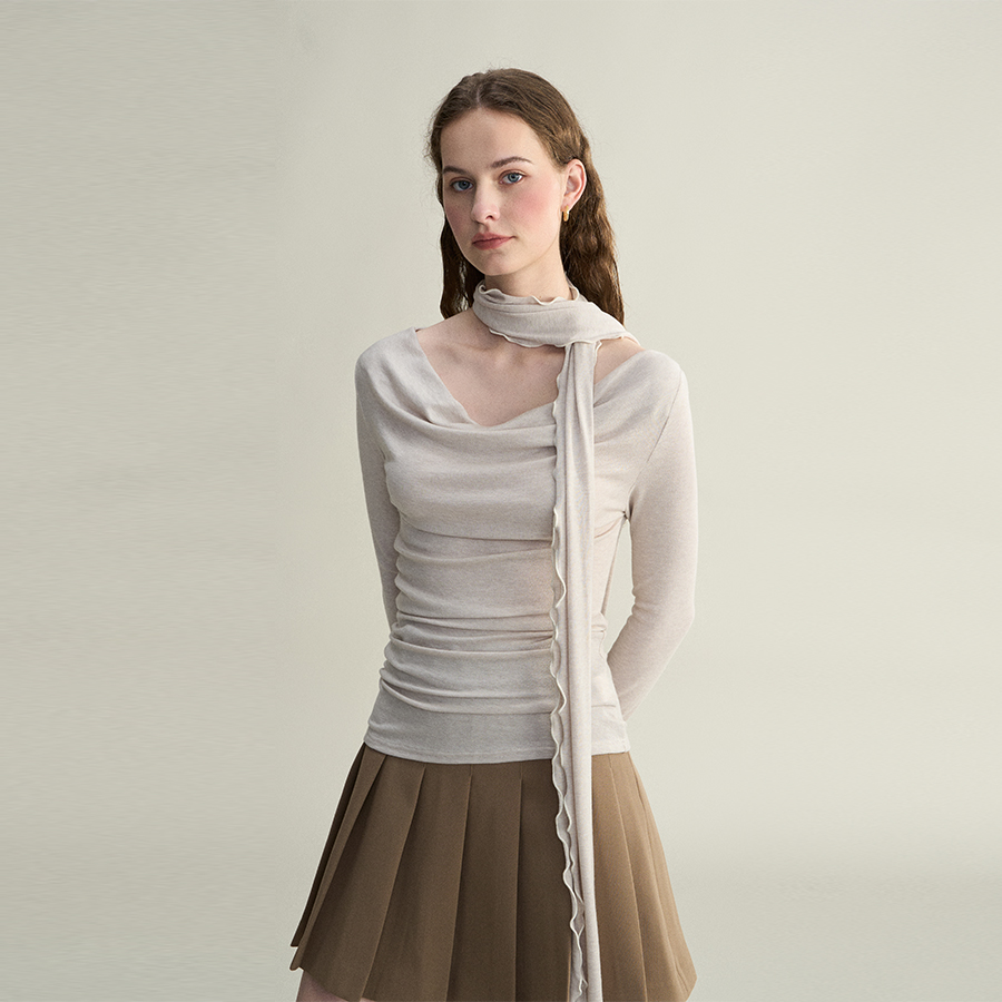 LIMONN | 早秋新款温柔气质柔软裸肤感飘带荡领褶皱针织衫T恤