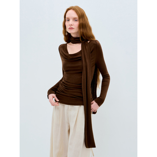 T恤温柔上衣冬 棕色挂脖打底针织衫 LIMONN 绝美荡领莱赛尔羊毛衫