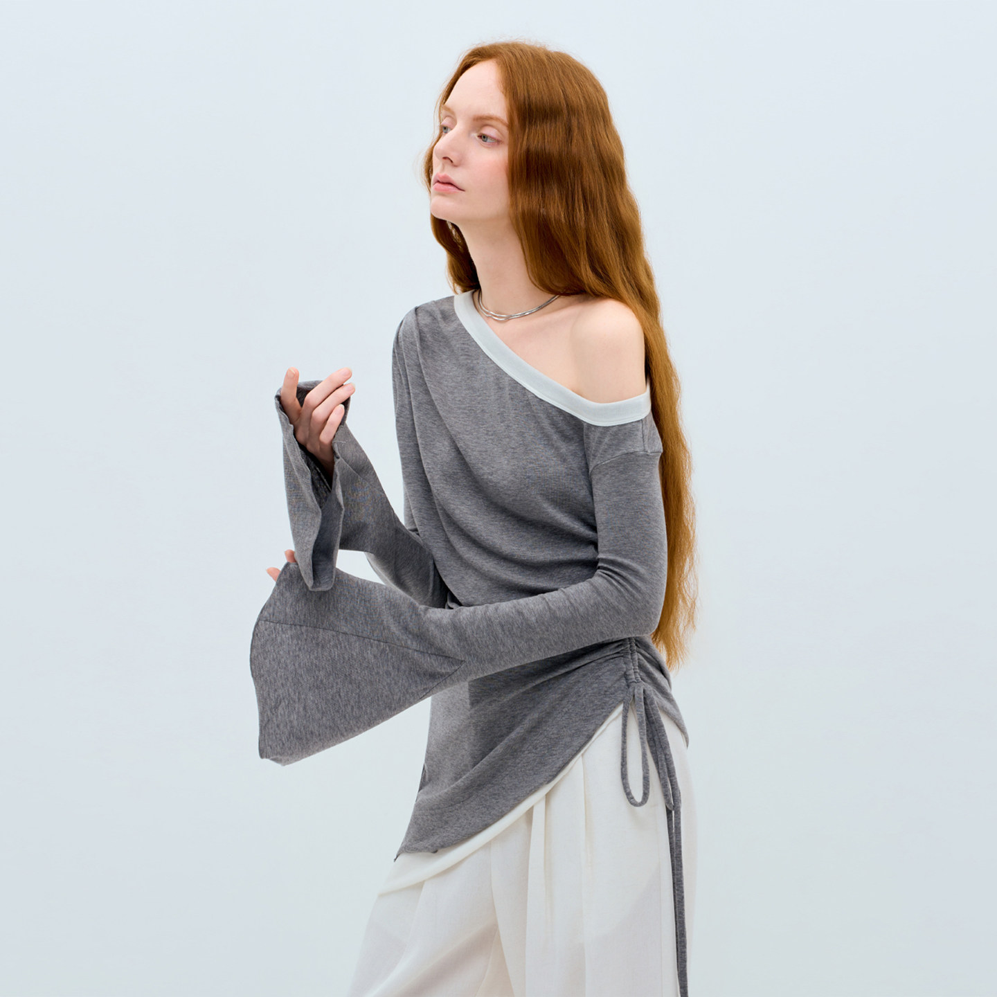 LIMONN绝美温柔露肩天丝羊毛抽绳褶皱喇叭袖氛围感上衣女2026春,女装/女士精品,T恤,淘宝优惠券,粉丝福利购,淘宝优惠卷