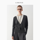 LIMONN老钱风高智感中古假两件大U领灰色绵羊毛上衣针织衫 秋冬