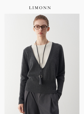LIMONN老钱风高智感中古假两件大U领灰色绵羊毛上衣针织衫秋冬