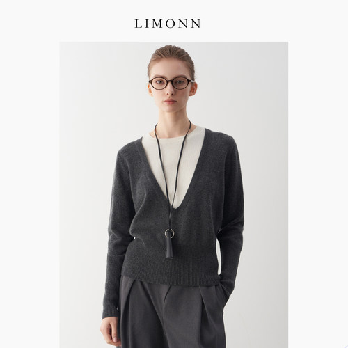 LIMONN老钱风高智感中古假两件大U领灰色绵羊毛上衣针织衫秋冬
