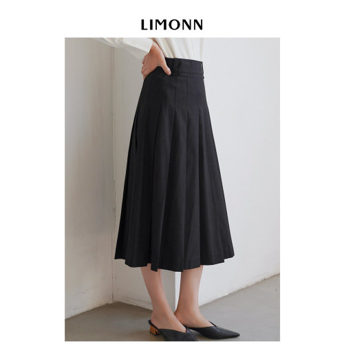 LIMONN 经典百褶半身裙秋装新款女通勤休闲高腰A字裙气质显瘦