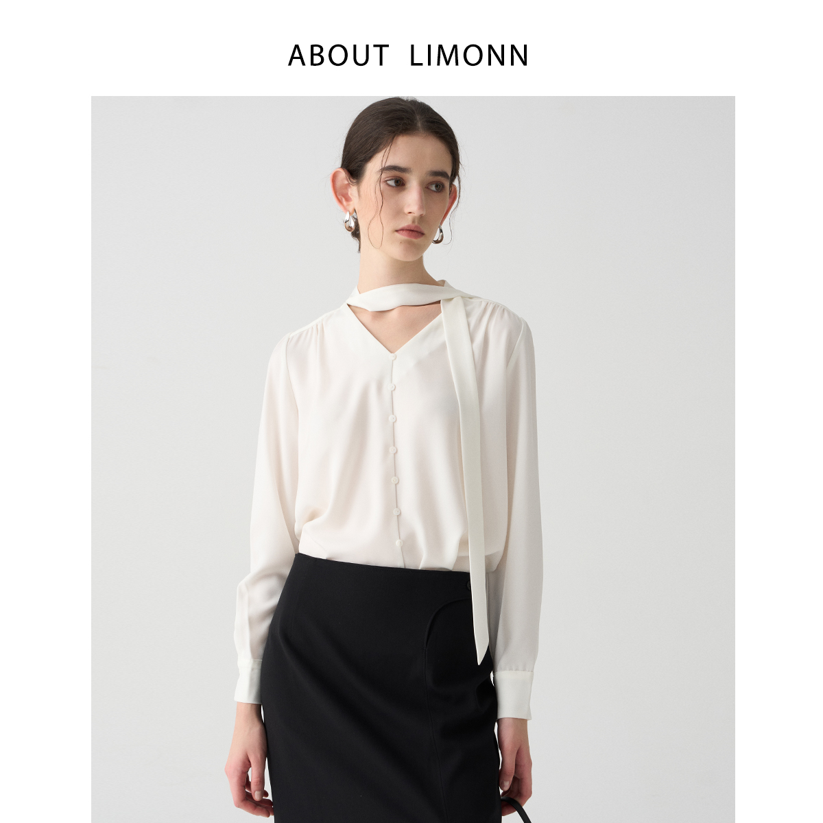 LIMONN | 高智感通勤气质V领白色长袖飘带衬衫面试职业正装上衣